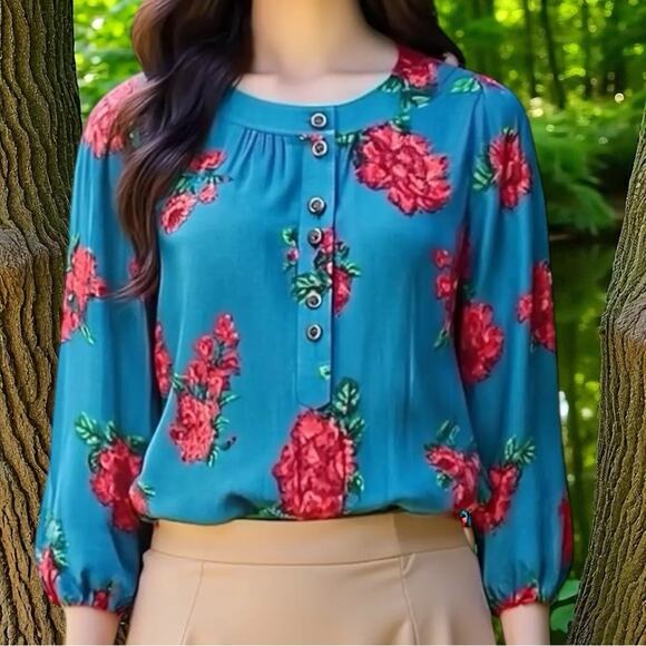 Anthropologie Maeve NWOT Kalas Teal Henley Floral Woven Blouse Size Medium - Picture 1 of 8